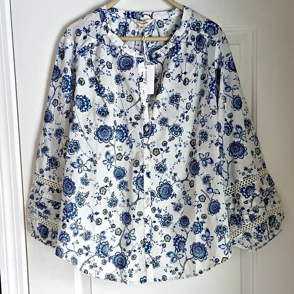 NEW! BOHO Blue FLORAL BLOUSE Lucky BRAND